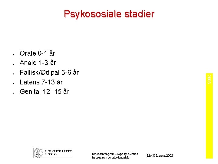 Psykososiale stadier ò ò 2003 ò Orale 0 -1 år Anale 1 -3 år