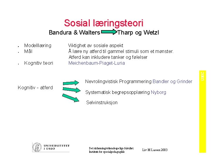 Sosial læringsteori Bandura & Walters l l l Modelllæring Mål Kognitiv teori Tharp og