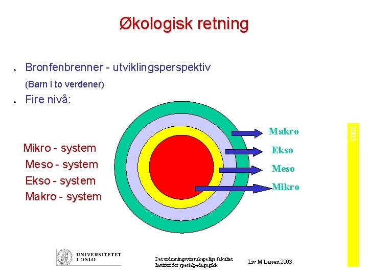 Økologisk retning ò Bronfenbrenner - utviklingsperspektiv (Barn i to verdener) ò Fire nivå: Mikro