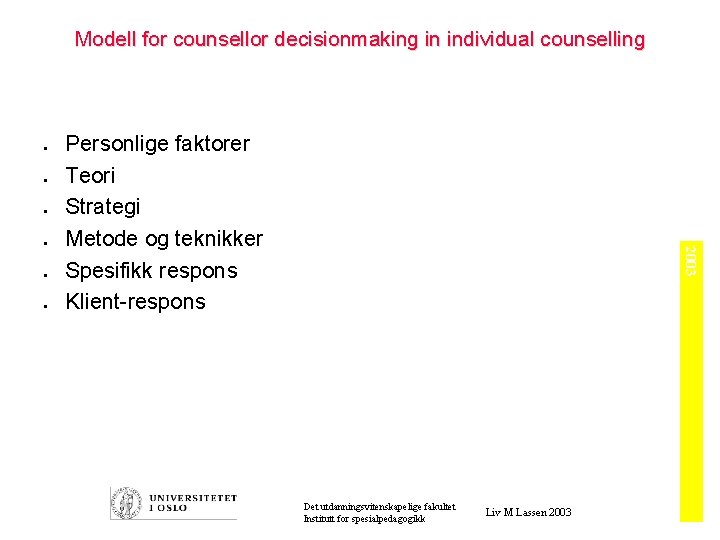 Modell for counsellor decisionmaking in individual counselling l l l 2003 l Personlige faktorer