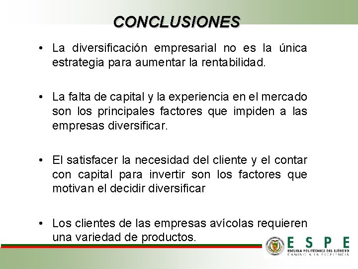 CONCLUSIONES • La diversificación empresarial no es la única estrategia para aumentar la rentabilidad.