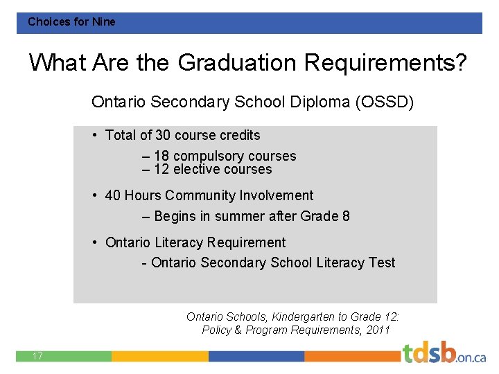 Choices for Nine What Are the Graduation Requirements? Ontario Secondary School Diploma (OSSD) •