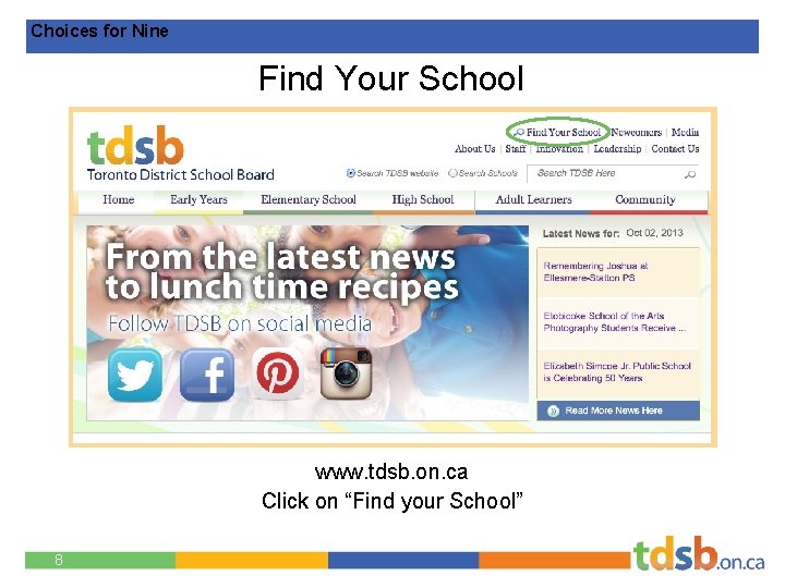 Choices for Nine Find Your School www. tdsb. on. ca Click on “Find your