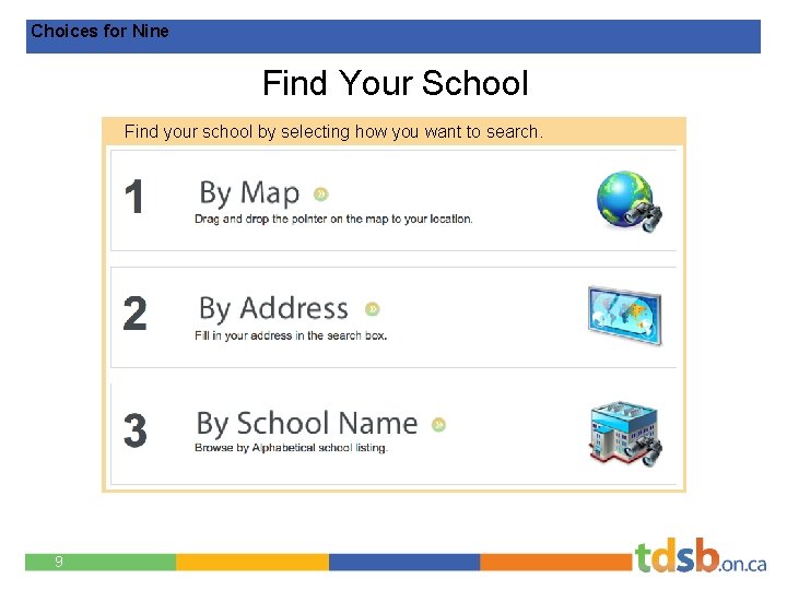 Choices for Nine Find Your School Find your school by selecting how you want