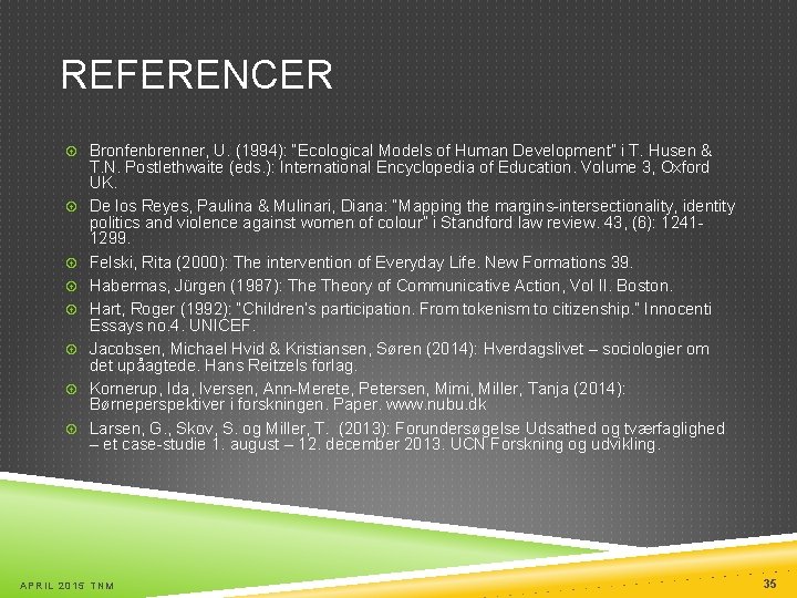 REFERENCER Bronfenbrenner, U. (1994): “Ecological Models of Human Development” i T. Husen & T.