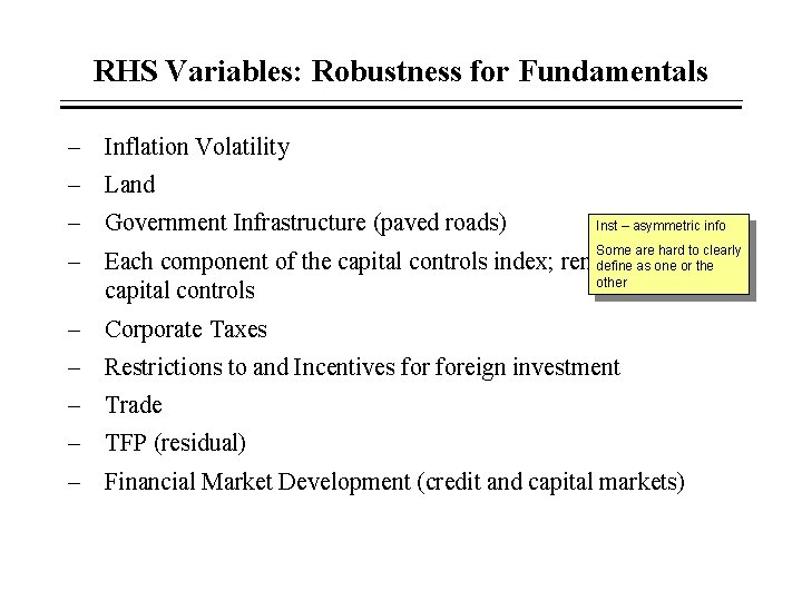 RHS Variables: Robustness for Fundamentals - Inflation Volatility - Land - Government Infrastructure (paved RHS Variables: Robustness for Fundamentals - Inflation Volatility - Land - Government Infrastructure (paved