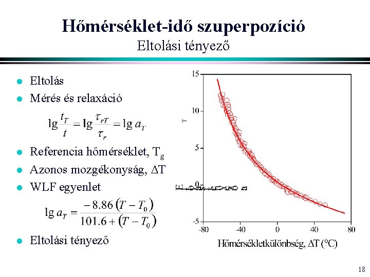 Hőmérséklet-idő szuperpozíció Eltolási tényező l l Eltolás Mérés és relaxáció l Referencia hőmérséklet, Tg