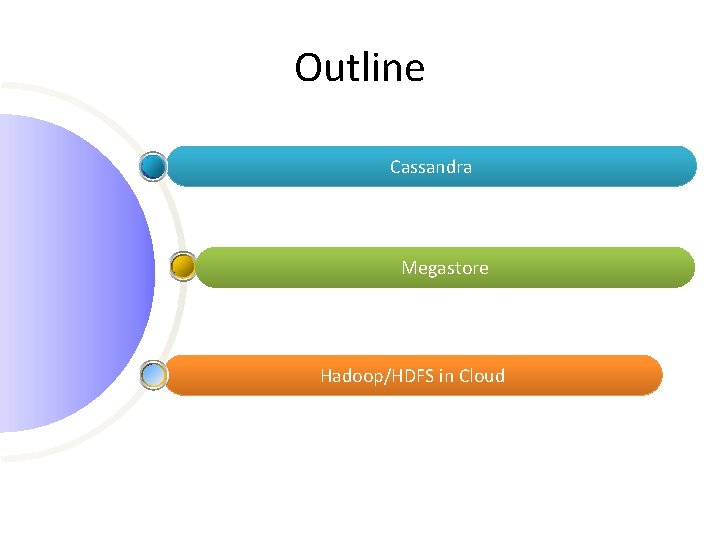 Outline Cassandra Megastore Hadoop/HDFS in Cloud 