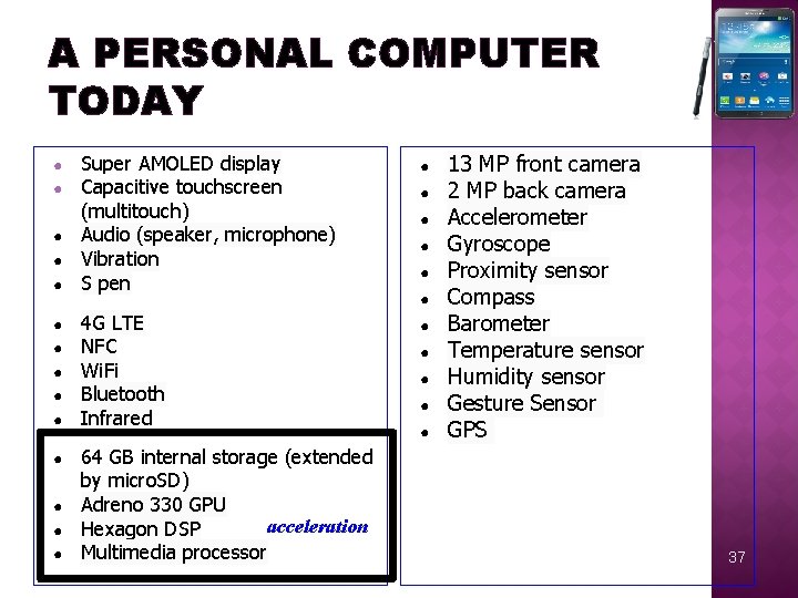 A PERSONAL COMPUTER TODAY ● ● ● ● Super AMOLED display Capacitive touchscreen (multitouch)