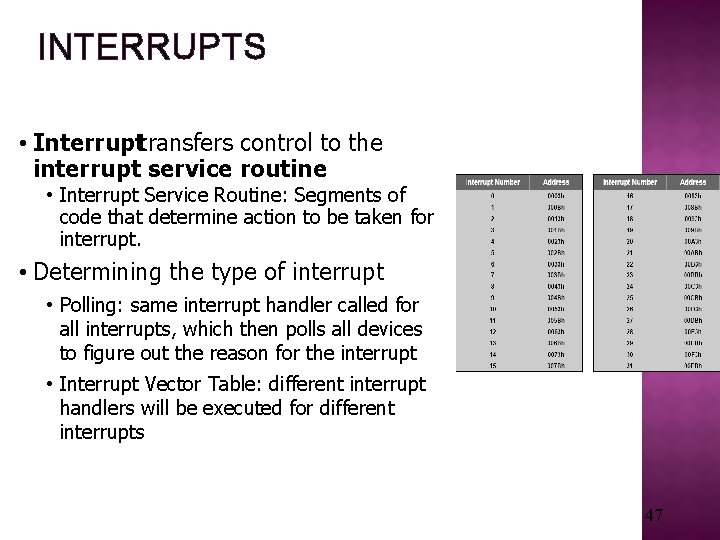 INTERRUPTS • Interrupttransfers control to the interrupt service routine • Interrupt Service Routine: Segments