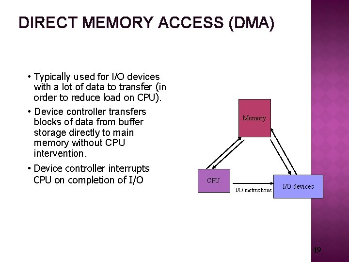 DIRECT MEMORY ACCESS (DMA) • Typically used for I/O devices with a lot of