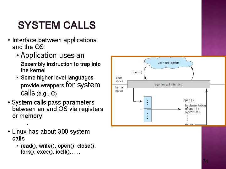 SYSTEM CALLS • Interface between applications and the OS. • Application uses an assembly
