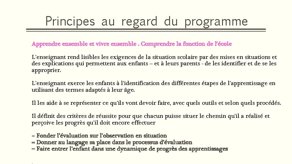 Principes au regard du programme Apprendre ensemble et vivre ensemble. Comprendre la fonction de