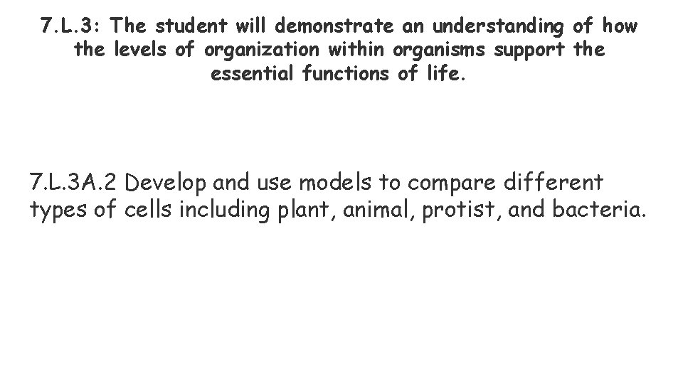 7. L. 3: The student will demonstrate an understanding of how the levels of