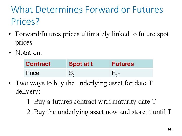 What Determines Forward or Futures Prices? • Forward/futures prices ultimately linked to future spot