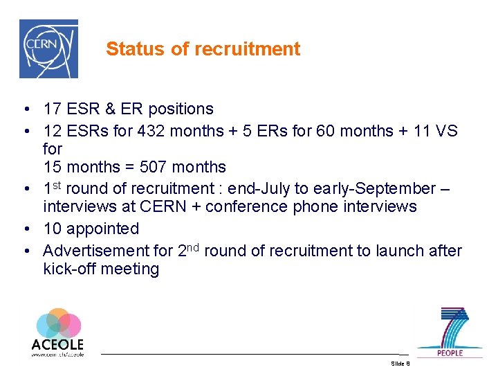 Status of recruitment • 17 ESR & ER positions • 12 ESRs for 432