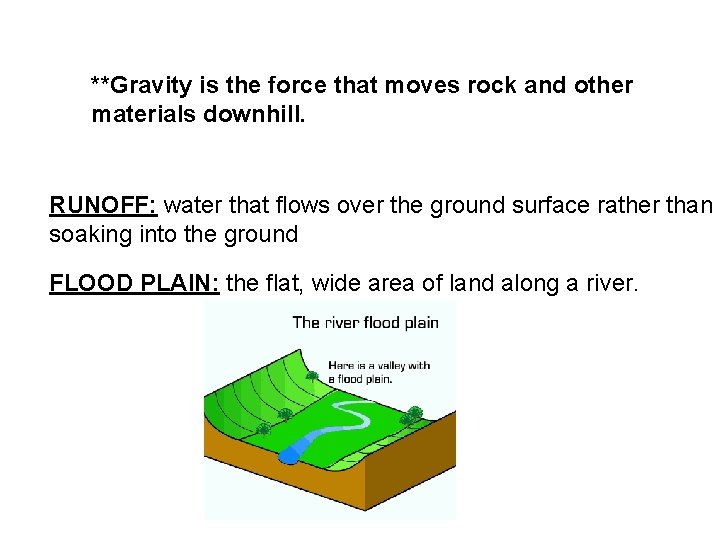 **Gravity is the force that moves rock and other materials downhill. RUNOFF: water that