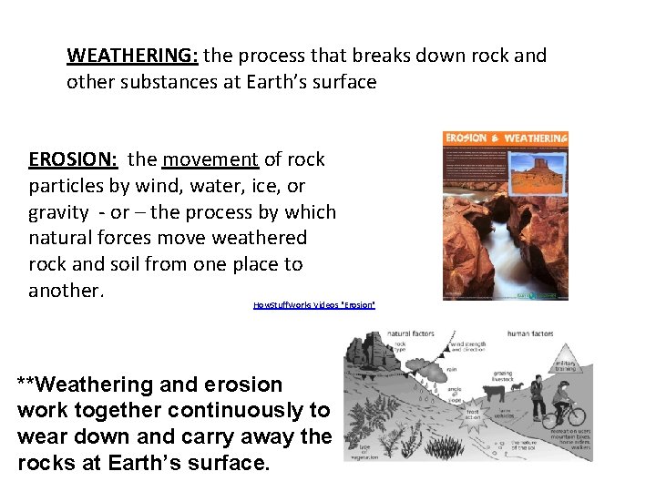 WEATHERING: the process that breaks down rock and other substances at Earth’s surface EROSION: