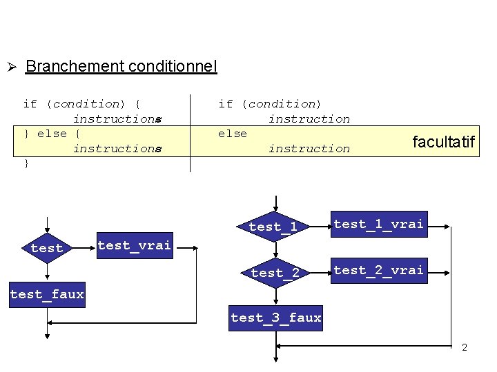  Branchement conditionnel if (condition) { instructions } else { instructions } test if