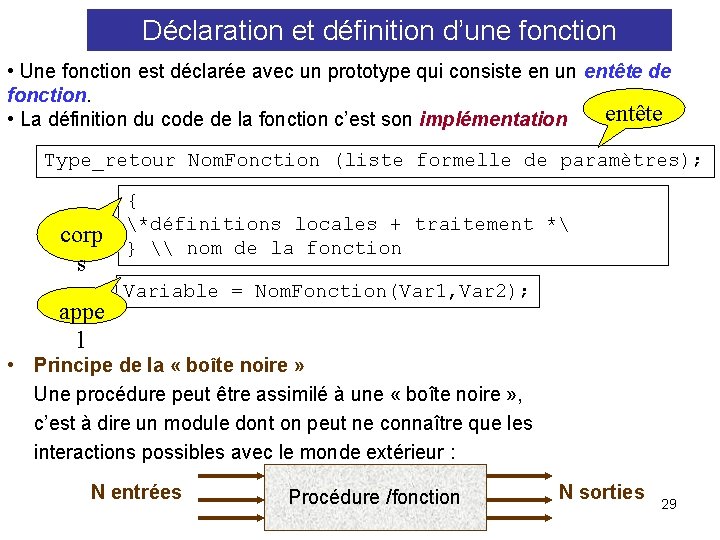 Déclaration et définition d’une fonction • Une fonction est déclarée avec un prototype qui