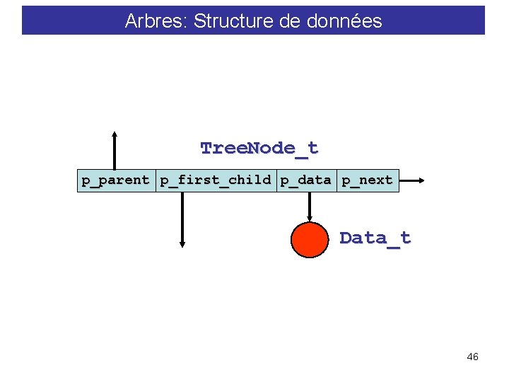 Arbres: Structure de données Tree. Node_t p_parent p_first_child p_data p_next Data_t 46 