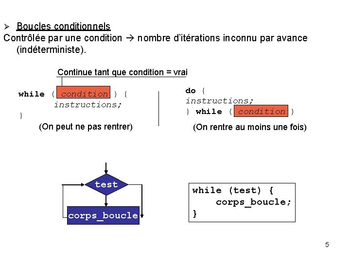 Boucles conditionnels Contrôlée par une condition nombre d’itérations inconnu par avance (indéterministe). Continue tant