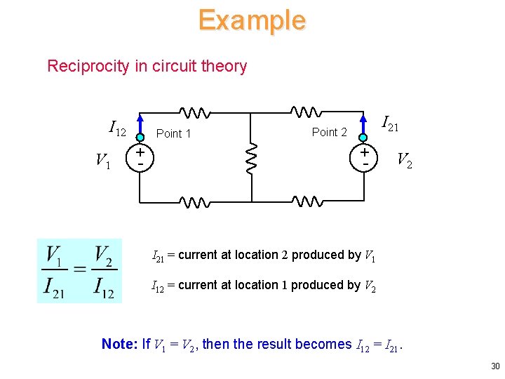 Example Reciprocity in circuit theory I 12 I 21 Point 2 + - V