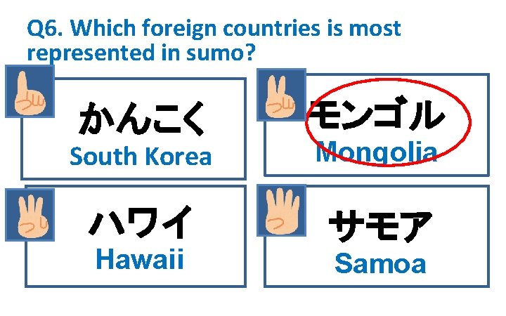 Q 6. Which foreign countries is most represented in sumo? かんこく モンゴル South Korea