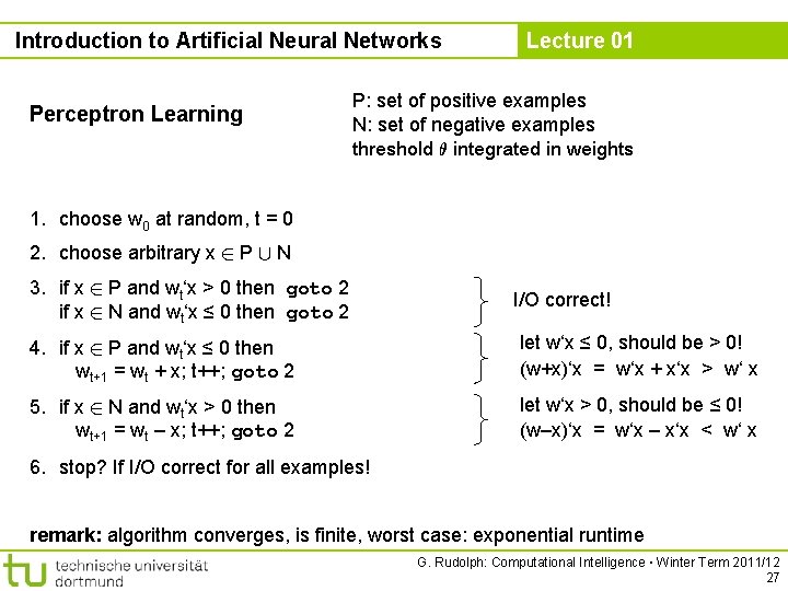 Introduction to Artificial Neural Networks Perceptron Learning Lecture 01 P: set of positive examples