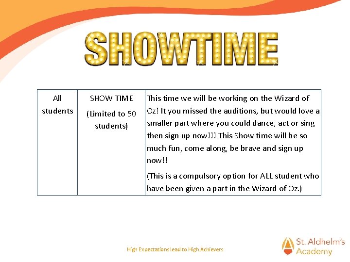 All students SHOW TIME (Limited to 50 students) This time we will be working