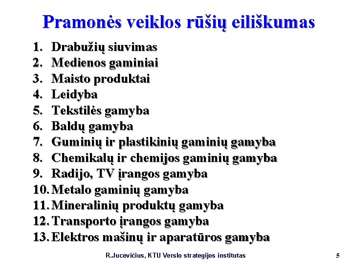 Pramonės veiklos rūšių eiliškumas 1. Drabužių siuvimas 2. Medienos gaminiai 3. Maisto produktai 4.