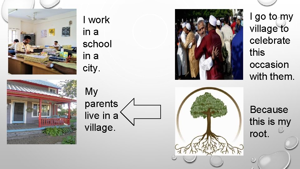 I work in a school in a city. My parents live in a village.