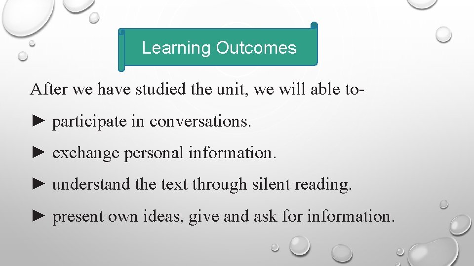 Learning Outcomes After we have studied the unit, we will able to► participate in