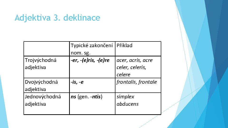 Adjektiva 3. deklinace Trojvýchodná adjektiva Dvojvýchodná adjektiva Jednovýchodná adjektiva Typické zakončení Příklad nom. sg.