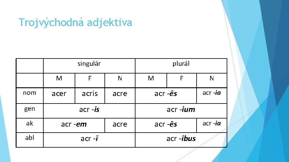 Trojvýchodná adjektiva singulár nom gen ak abl plurál M F N acer acris acre