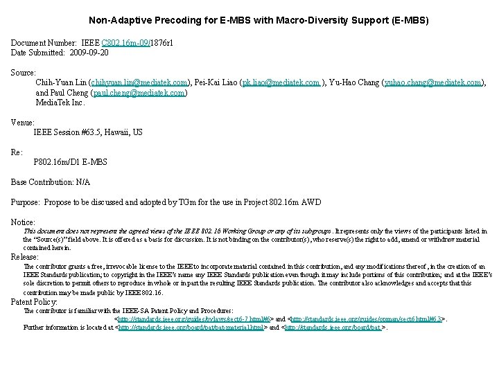 Non-Adaptive Precoding for E-MBS with Macro-Diversity Support (E-MBS) Document Number: IEEE C 802. 16