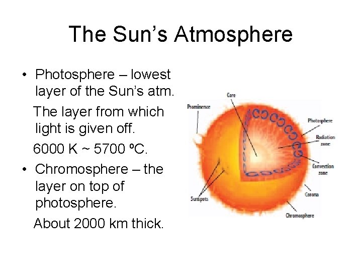 The Sun’s Atmosphere • Photosphere – lowest layer of the Sun’s atm. The layer
