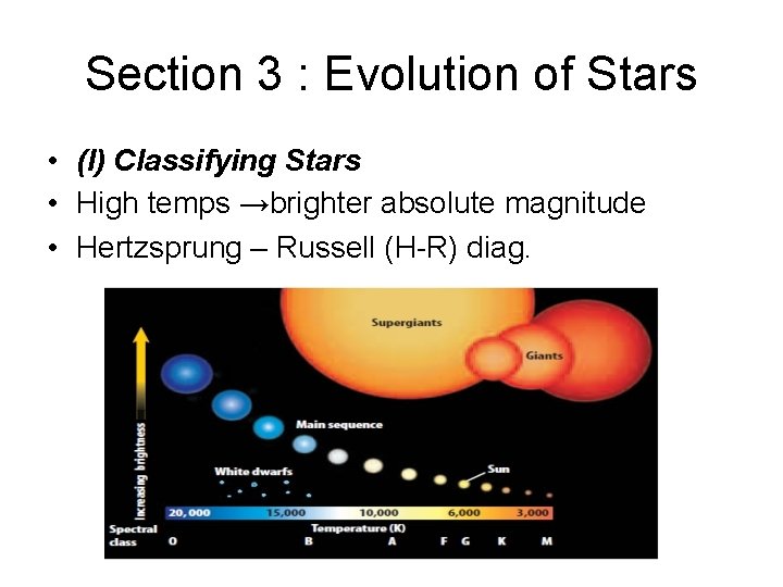 Section 3 : Evolution of Stars • (I) Classifying Stars • High temps →brighter