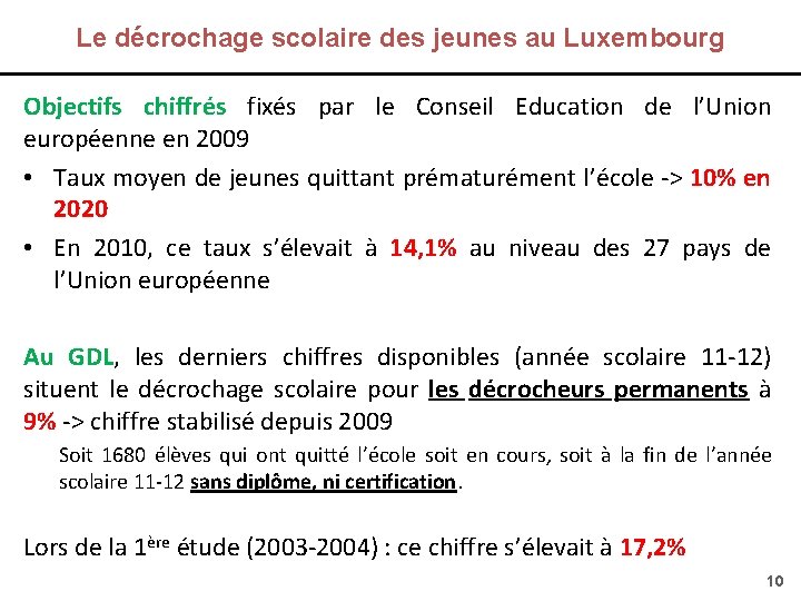 Le décrochage scolaire des jeunes au Luxembourg Objectifs chiffrés fixés par le Conseil Education