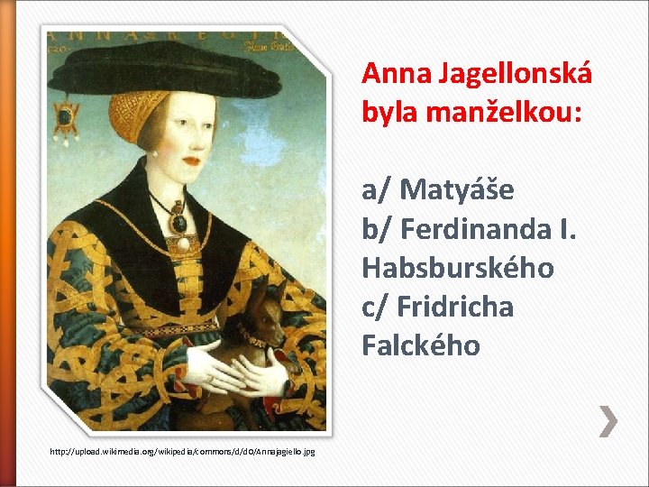 Anna Jagellonská byla manželkou: a/ Matyáše b/ Ferdinanda I. Habsburského c/ Fridricha Falckého http: