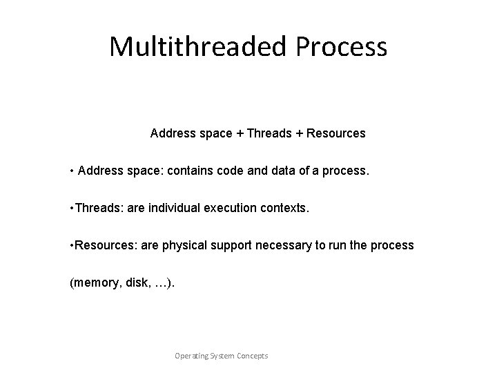 Multithreaded Process Address space + Threads + Resources • Address space: contains code and