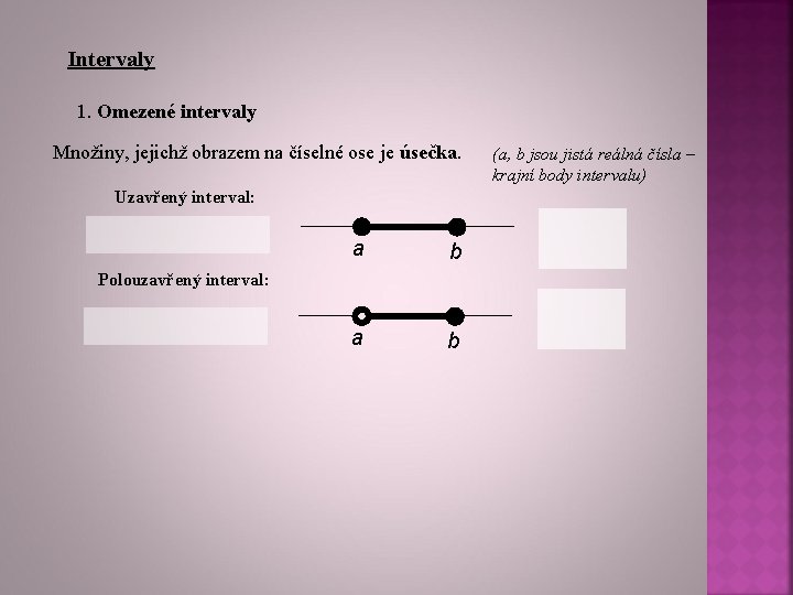 Intervaly 1. Omezené intervaly Množiny, jejichž obrazem na číselné ose je úsečka. Uzavřený interval: