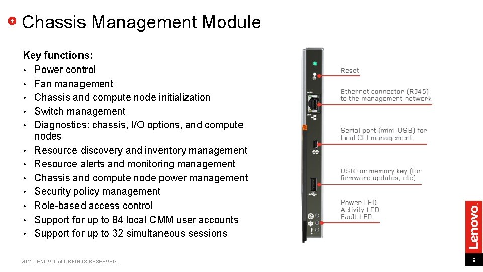 Chassis Management Module Key functions: • Power control • Fan management • Chassis and