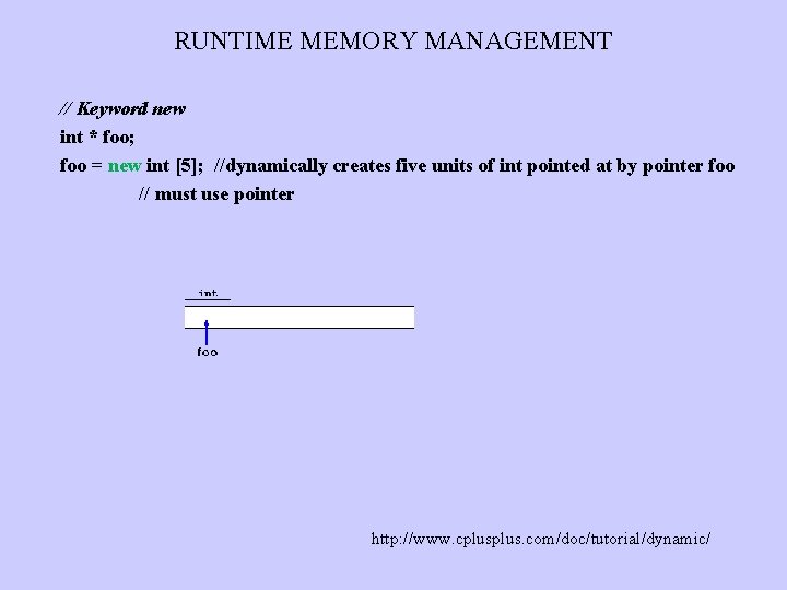 RUNTIME MEMORY MANAGEMENT // Keyword new int * foo; foo = new int [5];
