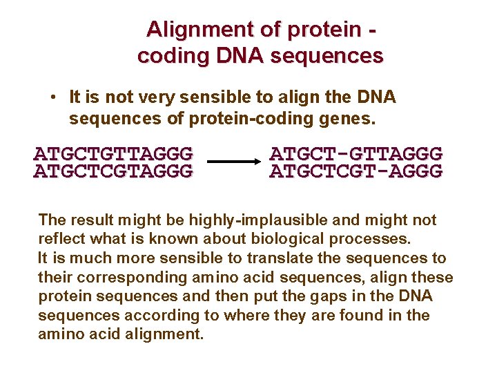 Alignment of protein coding DNA sequences • It is not very sensible to align