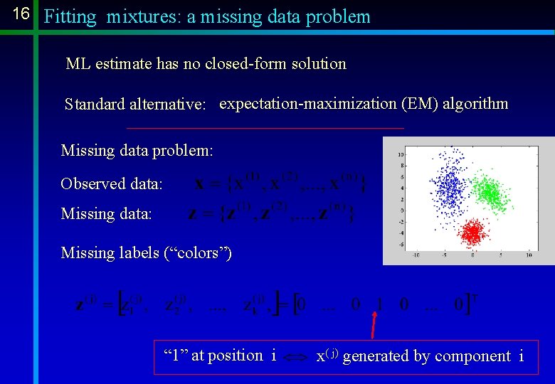 16 Fitting mixtures: a missing data problem ML estimate has no closed-form solution Standard 16 Fitting mixtures: a missing data problem ML estimate has no closed-form solution Standard