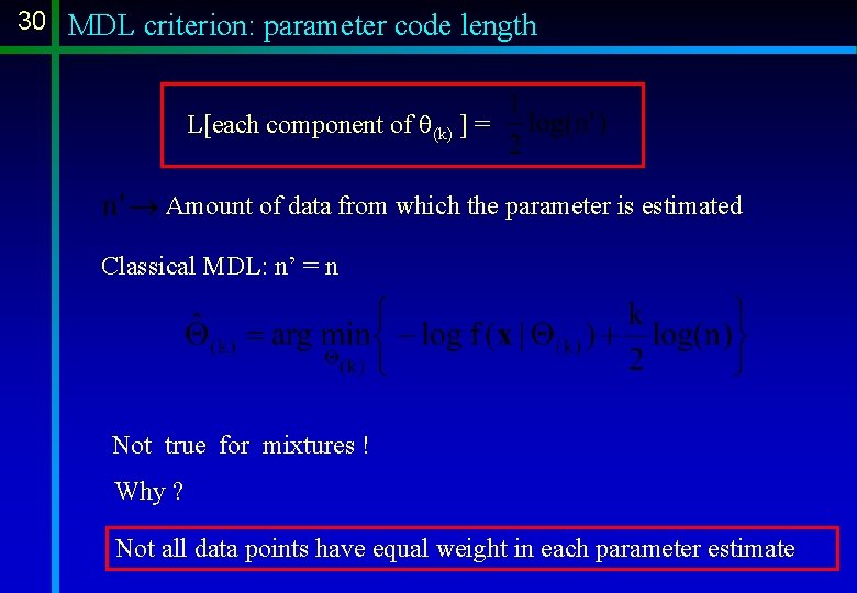 30 MDL criterion: parameter code length L[each component of q(k) ] = Amount of