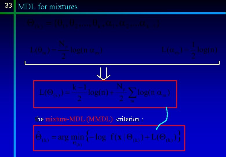 33 MDL for mixtures the mixture-MDL (MMDL) criterion : 33 MDL for mixtures the mixture-MDL (MMDL) criterion :
