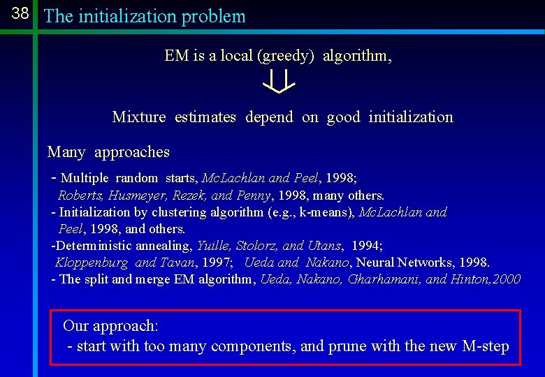 38 The initialization problem EM is a local (greedy) algorithm, Mixture estimates depend on 38 The initialization problem EM is a local (greedy) algorithm, Mixture estimates depend on