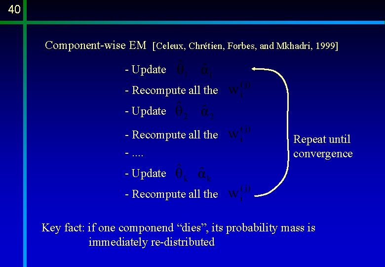 40 Component-wise EM [Celeux, Chrétien, Forbes, and Mkhadri, 1999] - Update - Recompute all